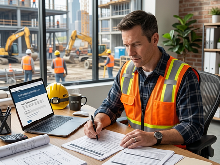 Create a realistic vertical blog header image of a new contractor registering a construction business. Show a professional contractor sitting at a desk reviewing business registration paperwork, contractor licensing forms, a laptop displaying business registration documents, blueprints, a hard hat, safety vest, calculator, and coffee. Through the office window, show a construction site with workers and equipment in the background. Bright natural lighting, modern office, highly detailed commercial photography, clean composition, minimal or no text, no logos or watermarks.