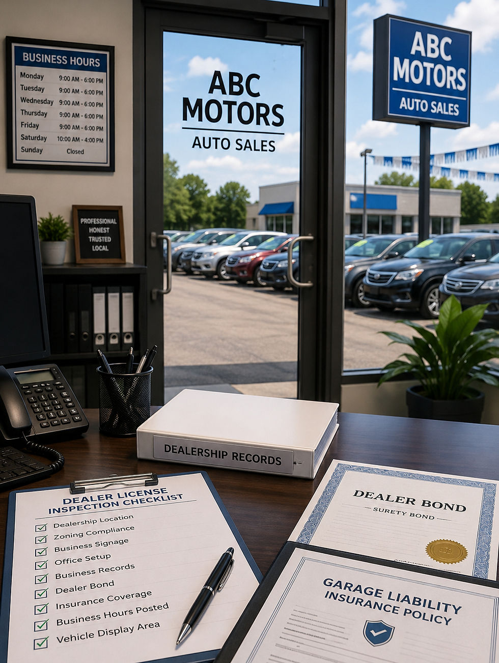 Auto dealership office with business signage, dealer records, insurance documents, dealer bond paperwork, and vehicle display lot prepared for a dealer license inspection.