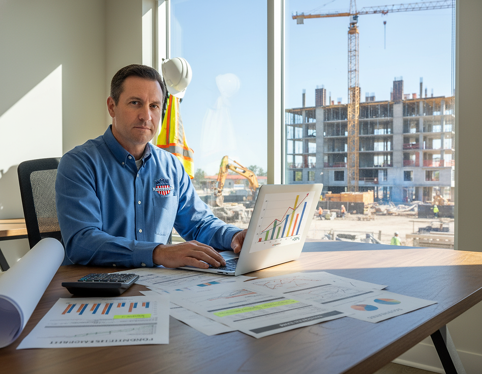 Construction contractor reviewing financial reports and cash flow documents to build working capital for business growth