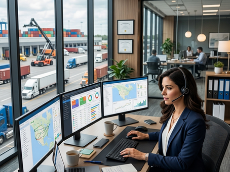 Freight broker working with transportation logistics information in a modern office.