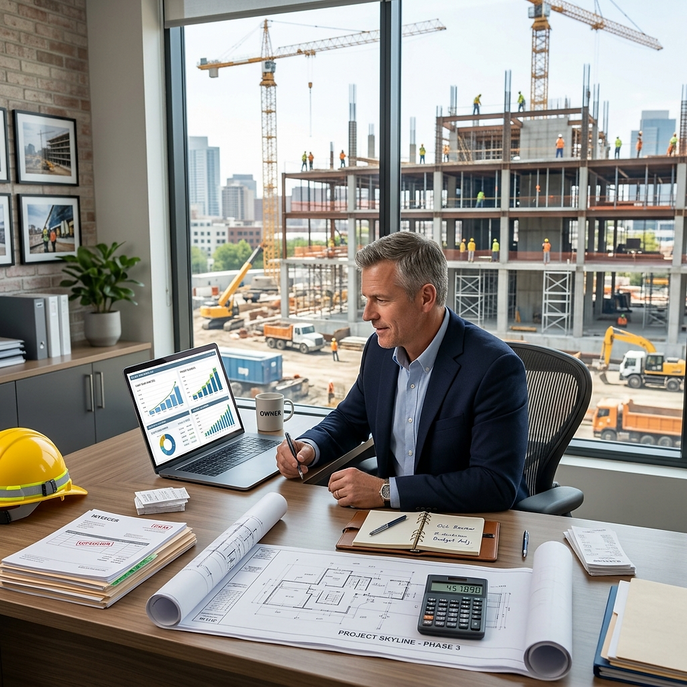 Construction business owner reviewing cash flow reports, invoices, and project budgets while planning company finances in a modern office.