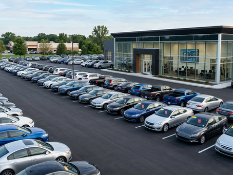 Create a professional, realistic commercial photography-style blog header image for an automotive dealership article about used car inventory management. Show a clean independent used car dealership lot with multiple vehicles arranged in rows, with subtle visual cues of inventory aging and management such as dealership inventory tags or a digital inventory management screen in the background. Focus on the concept of vehicles sitting on a lot and dealership inventory turnover. Modern professional automotive environment, realistic natural lighting, premium commercial photography, clean composition, wide horizontal blog header format, no people, no logos, no readable text, photorealistic.