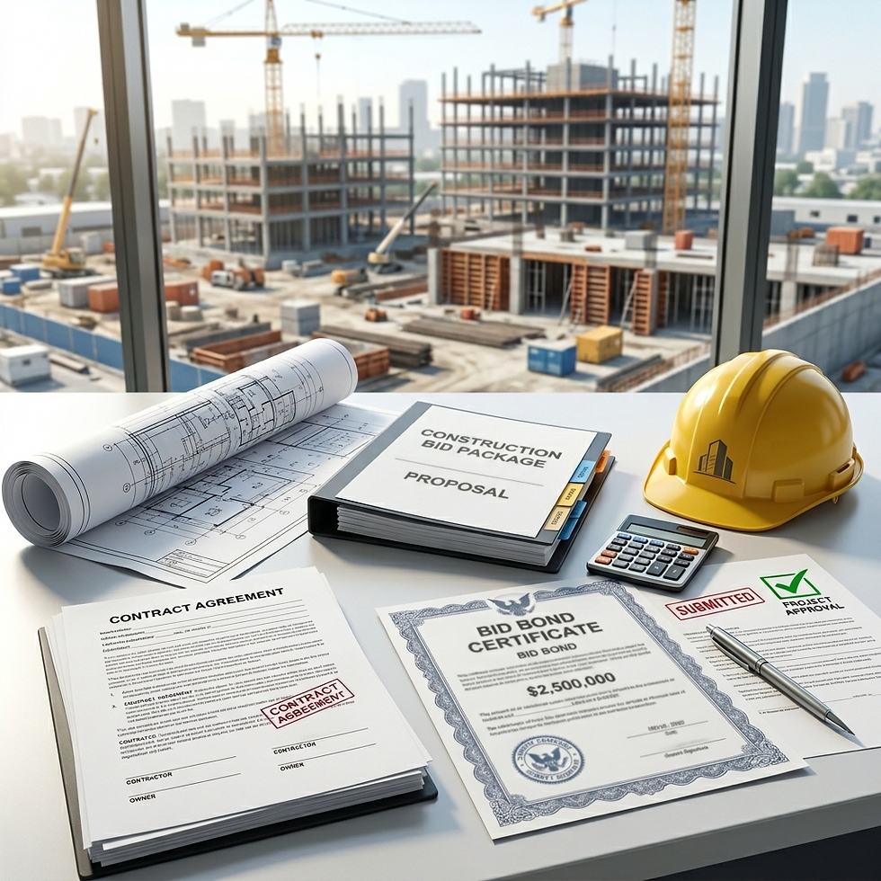 Construction bid package, proposal, and contract papers beside a hard hat and calculator overlooking a crane-filled site.