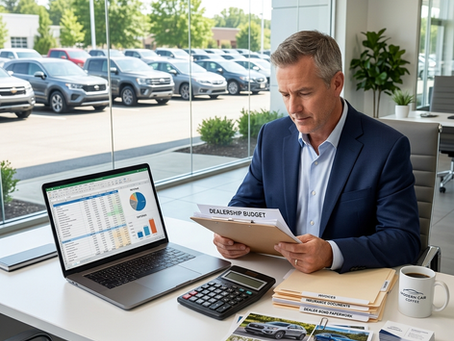 Auto dealership owner reviewing a business budget with financial spreadsheets, calculator, dealer bond paperwork, insurance documents, and inventory reports in a modern dealership office.