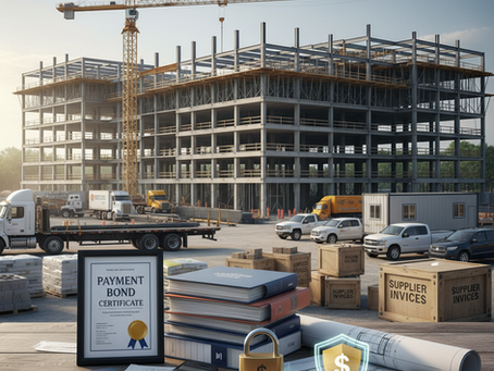 Payment bond certificate, construction contract documents, supplier invoices, blueprints, and commercial construction project illustrating how payment bonds protect subcontractors and suppliers.