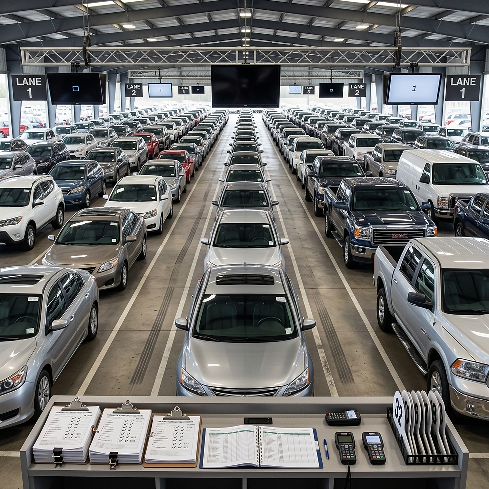 Rows of cars in a large auction hall under lane signs, with clipboards, logbook, and number paddles on a front desk.