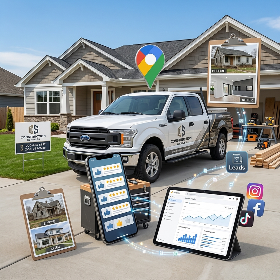 Contractor marketing concept featuring a branded work truck, customer reviews, local search visibility, website analytics, and lead generation tools used to grow a construction business.
