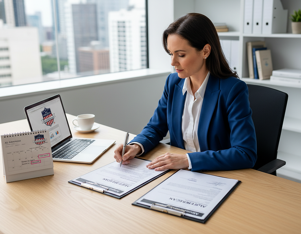 Businesswoman in blue suit signs documents at desk with laptop and calendar with All American Bonds and Insurance logo image on it. Background shows city view through office window. Mood is focused.
