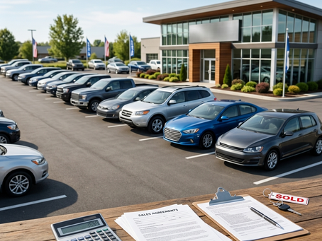 Create a professional, realistic commercial photograph for a business blog about used car dealership profitability. Show a clean modern independent used car dealership lot with several attractive used vehicles arranged in rows, subtle visual cues of business success and financial performance such as a clipboard, calculator, or sales paperwork near the foreground. No visible brand logos, no readable text, no people. Premium automotive photography, realistic lighting, clean composition, professional business atmosphere, wide horizontal composition suitable for a blog header.