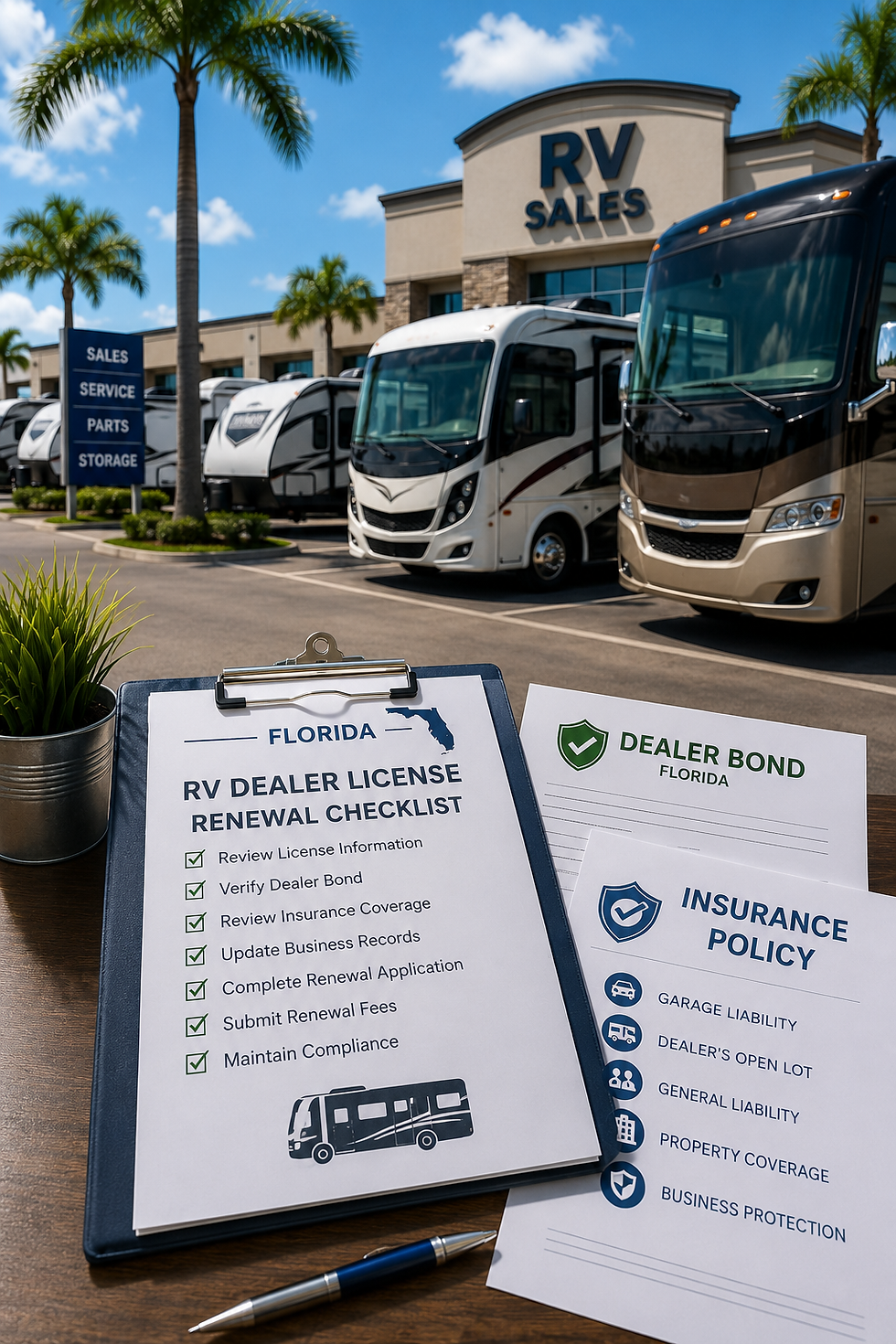 Florida RV dealership with motorhomes and travel trailers displayed on a sales lot, featuring RV dealer license renewal paperwork, dealer bond documents, and insurance forms in the foreground, representing the Florida RV dealer license renewal process and dealership compliance requirements.