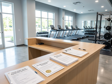 Florida health studio registration paperwork with Health Studio Surety Bond documents inside a modern gym featuring fitness equipment and a professional reception area.