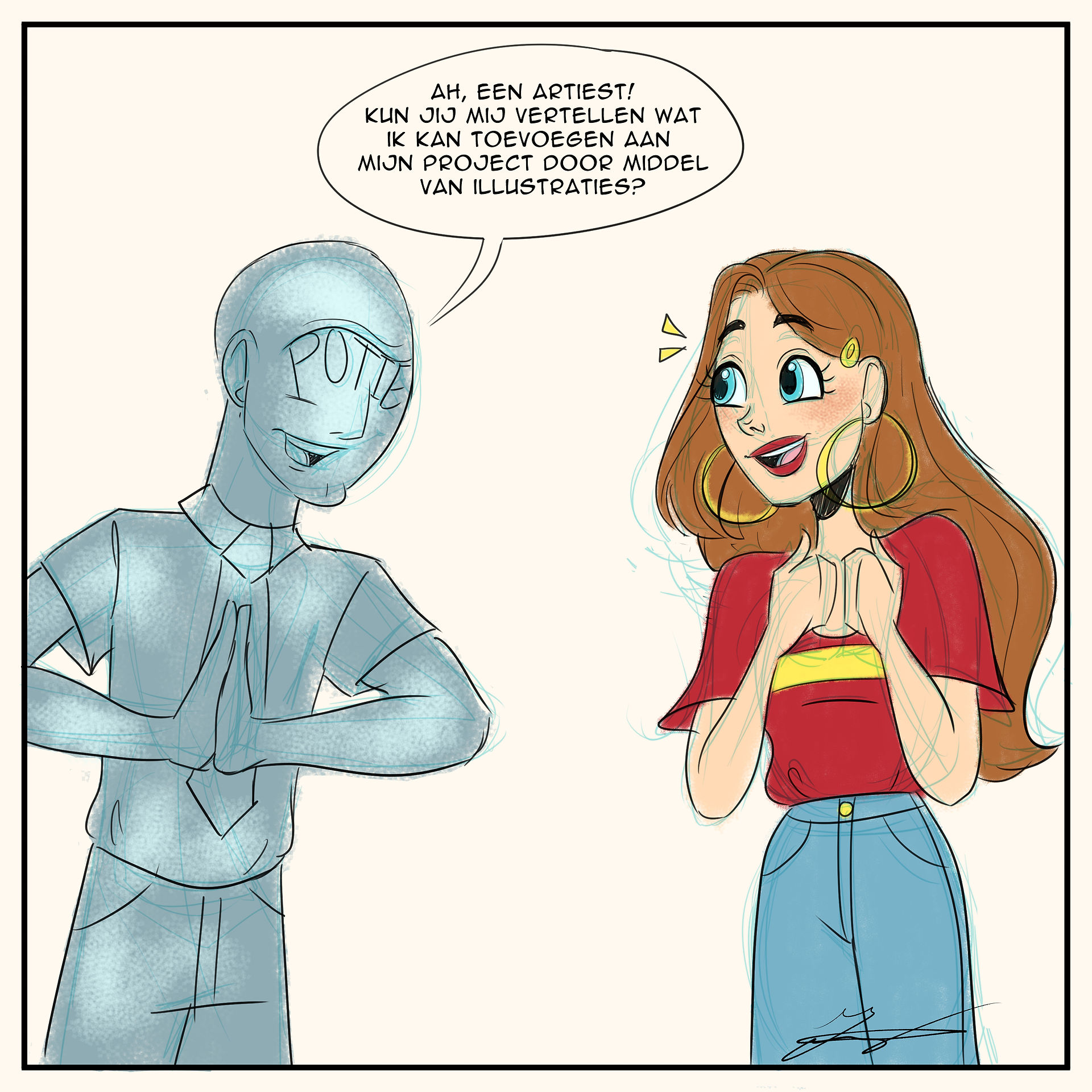 Een potentiële klant is geïnteresseerd in de illustraties van Starring Joelle