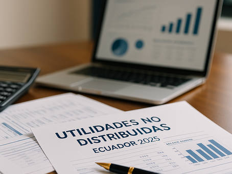 Escritorio corporativo con laptop, calculadora y hoja impresa con gráfico de barras sobre utilidades en Ecuador 2025.