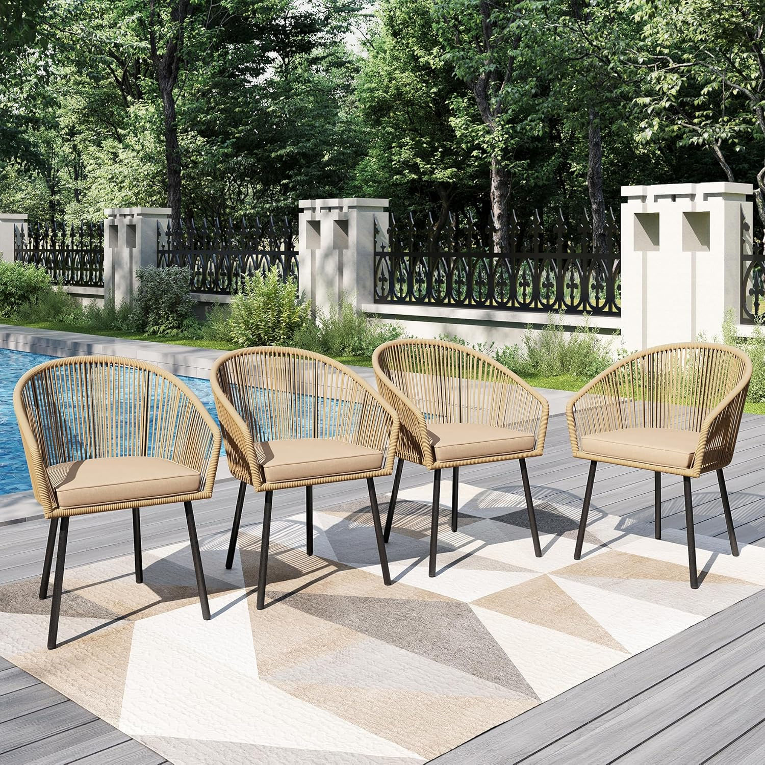 Set of 4 Outdoor Garden Dining Chairs | Rope Rattan Patio Armchairs