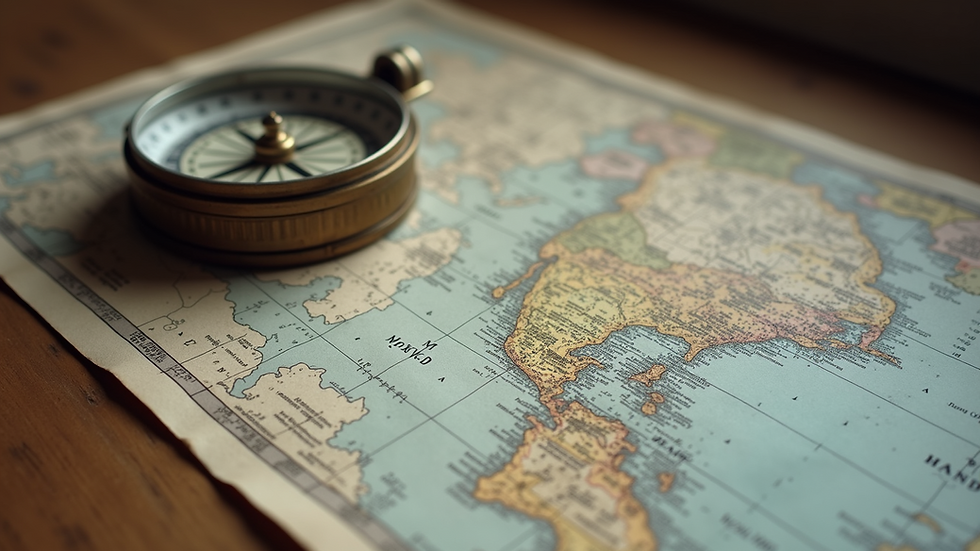 High angle view of a detailed map and compass on a wooden table
