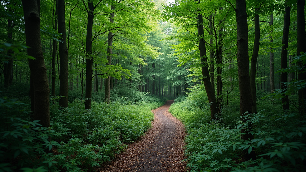 High angle view of a forest trail winding through dense green trees