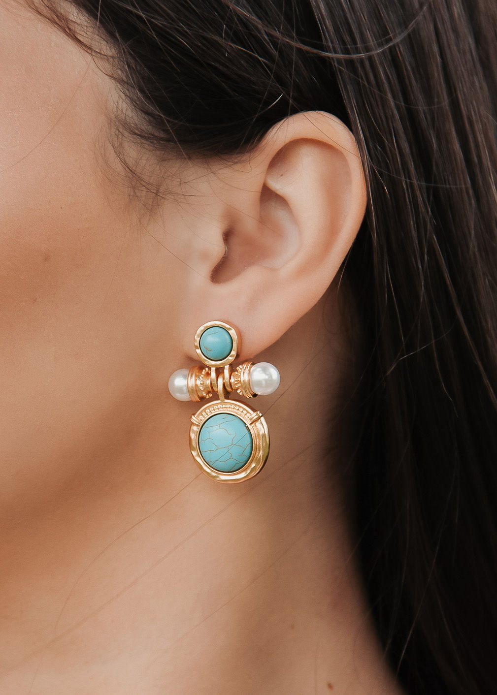Aurora Turquoise Earrings – Gold Tone Pearl Statement Earrings