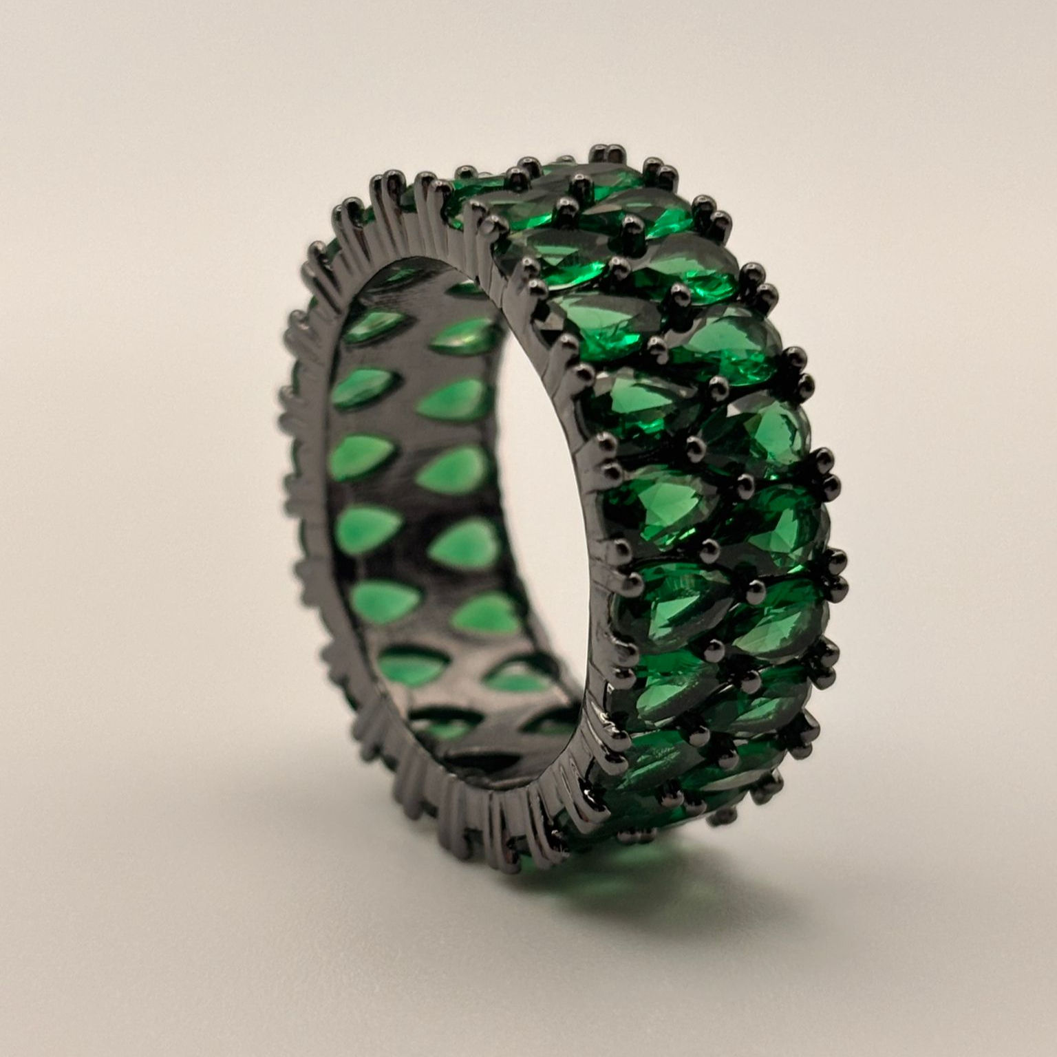 Emerald Green Eternity Band Ring – Dark Gold Statement Crystal Ring for Women