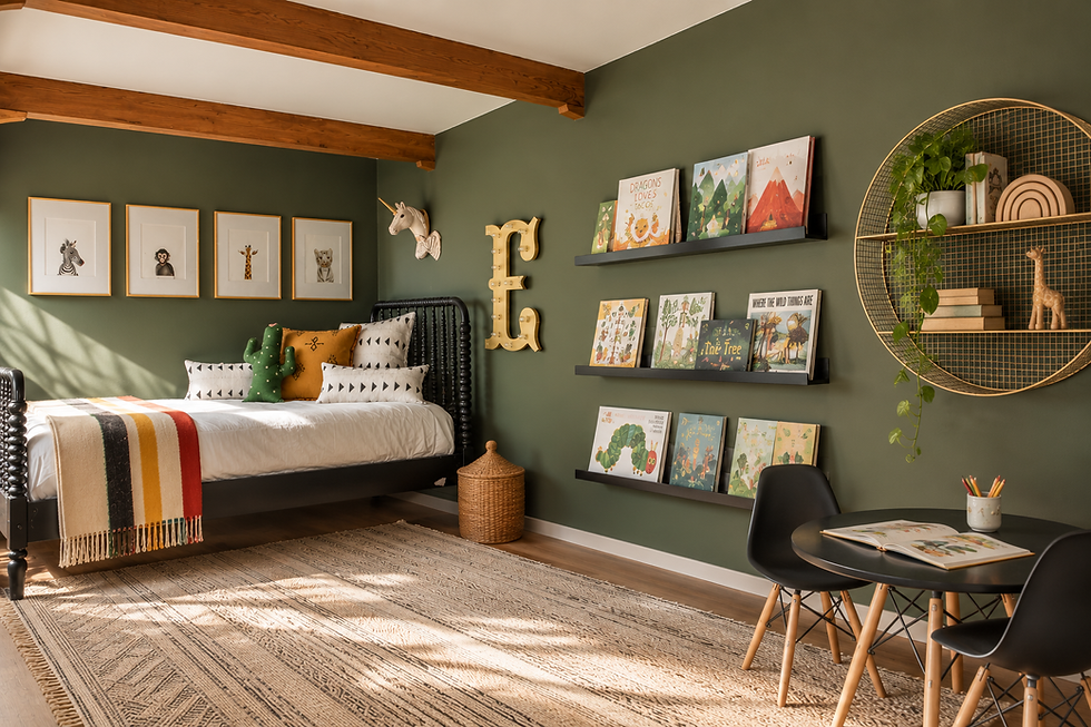 Kid's room with green walls, book ledges, a round shelf of toys and a striped blanket