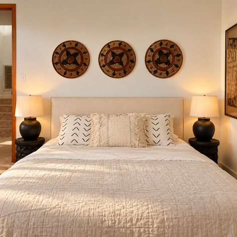 Guest bedroom with three woven wall baskets, black lamps and cream bedding