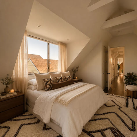 Bedroom under a sloped ceiling with white bedding, a geometric black-and-cream rug and a walnut nightstand