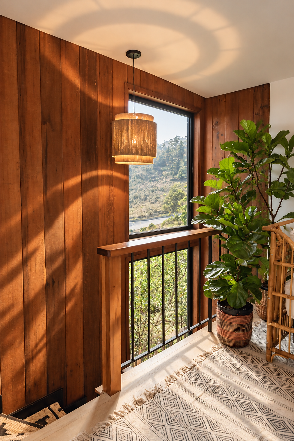 Redwood-paneled stair landing with a woven pendant, window and fiddle-leaf plant