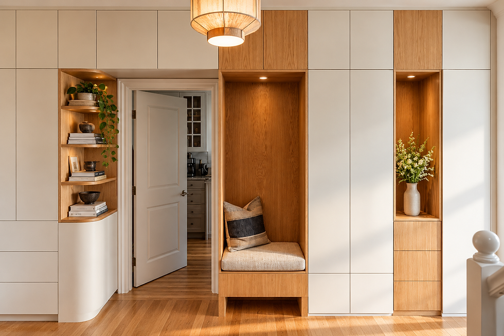 Curved cream-and-oak entry cabinet with a built-in bench, curved oak shelves and a fringed pendant