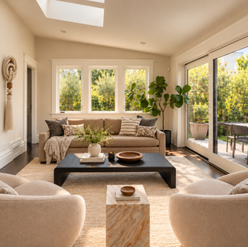 Bright living room with cream bouclé chairs, a low black coffee table and garden windows