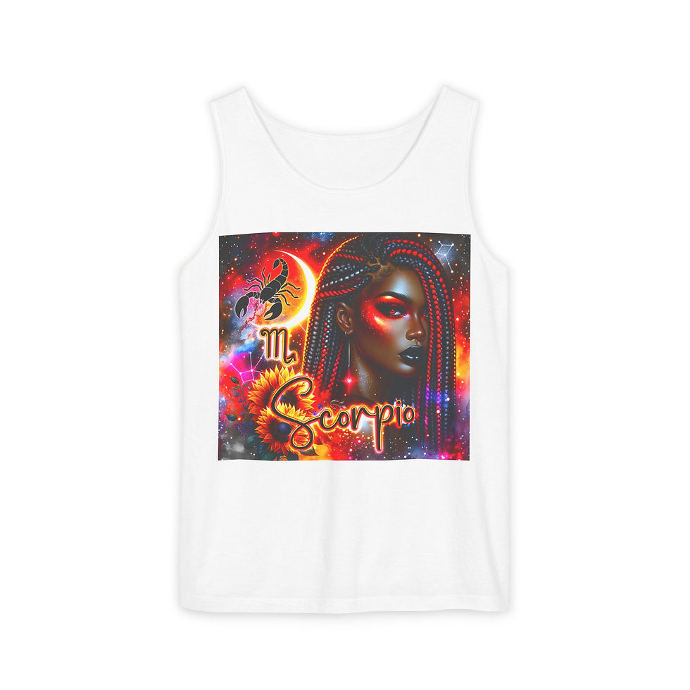 Scorpio zodiac tank top: Black woman with locs, cosmic background