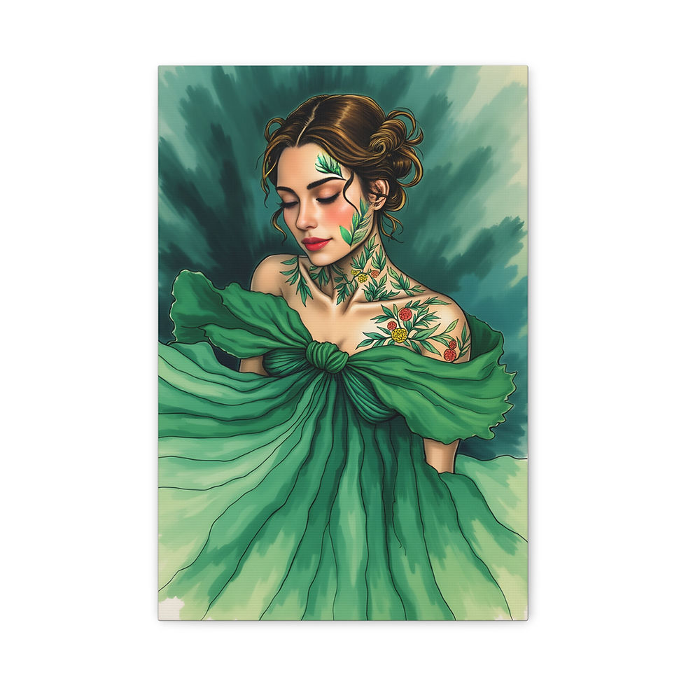 Woman In Emerald Green Dress, Floral Artwork for Home, Vibe for Nature Lovers