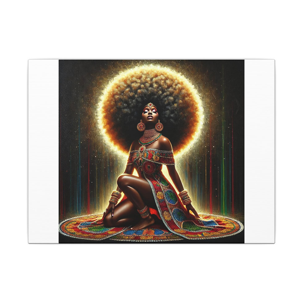 Radiant Black woman with afro, seated on colorful tapestry