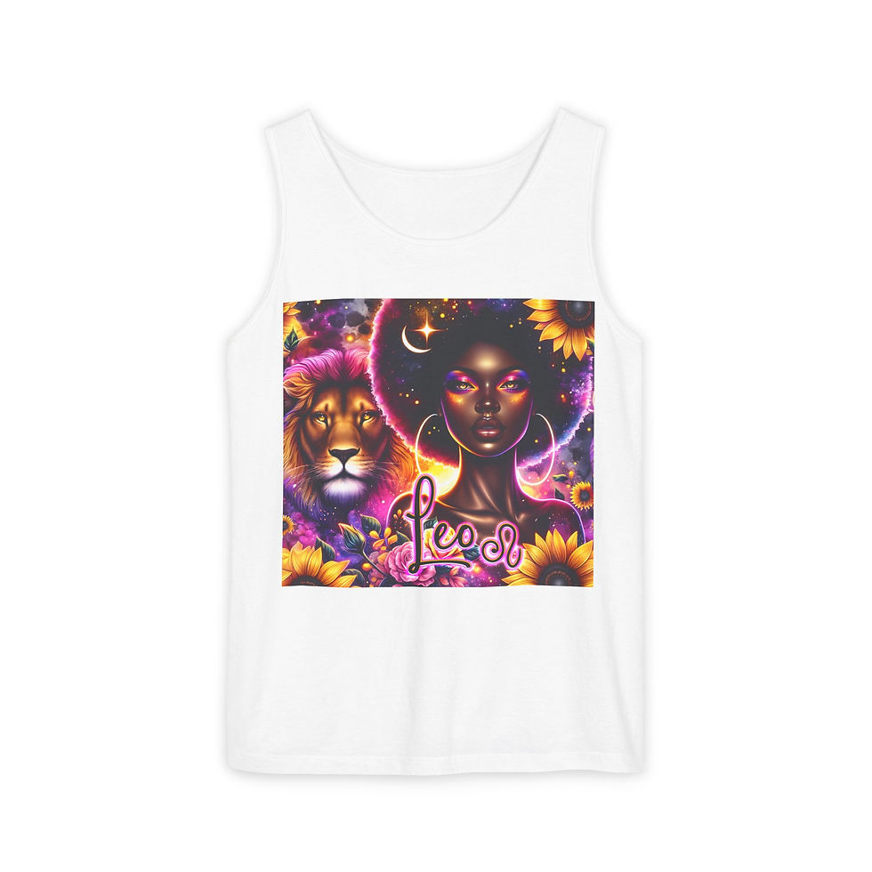 Lioness tank top, vibrant design,  floral accents