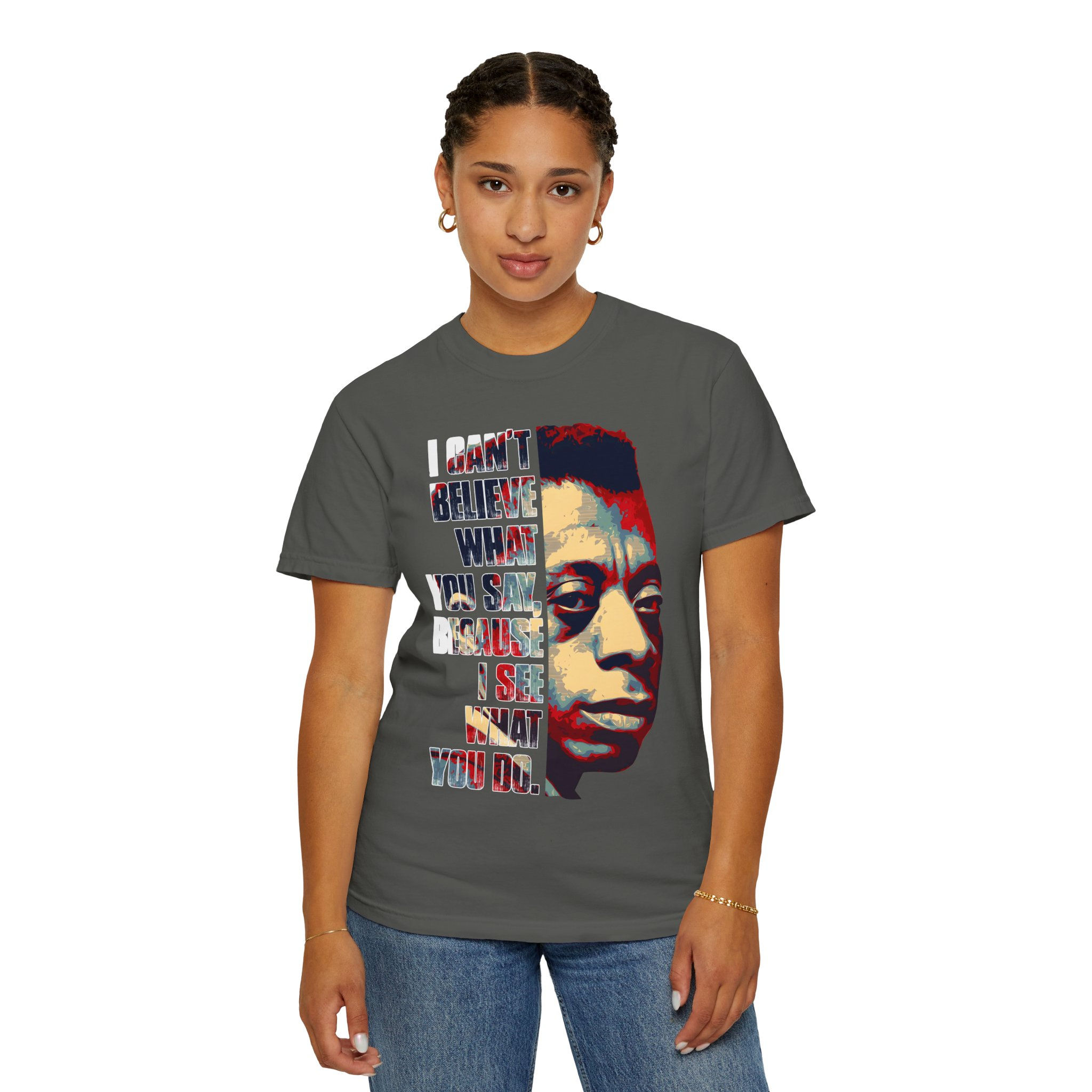 Woman wearing James Baldwin t-shirt