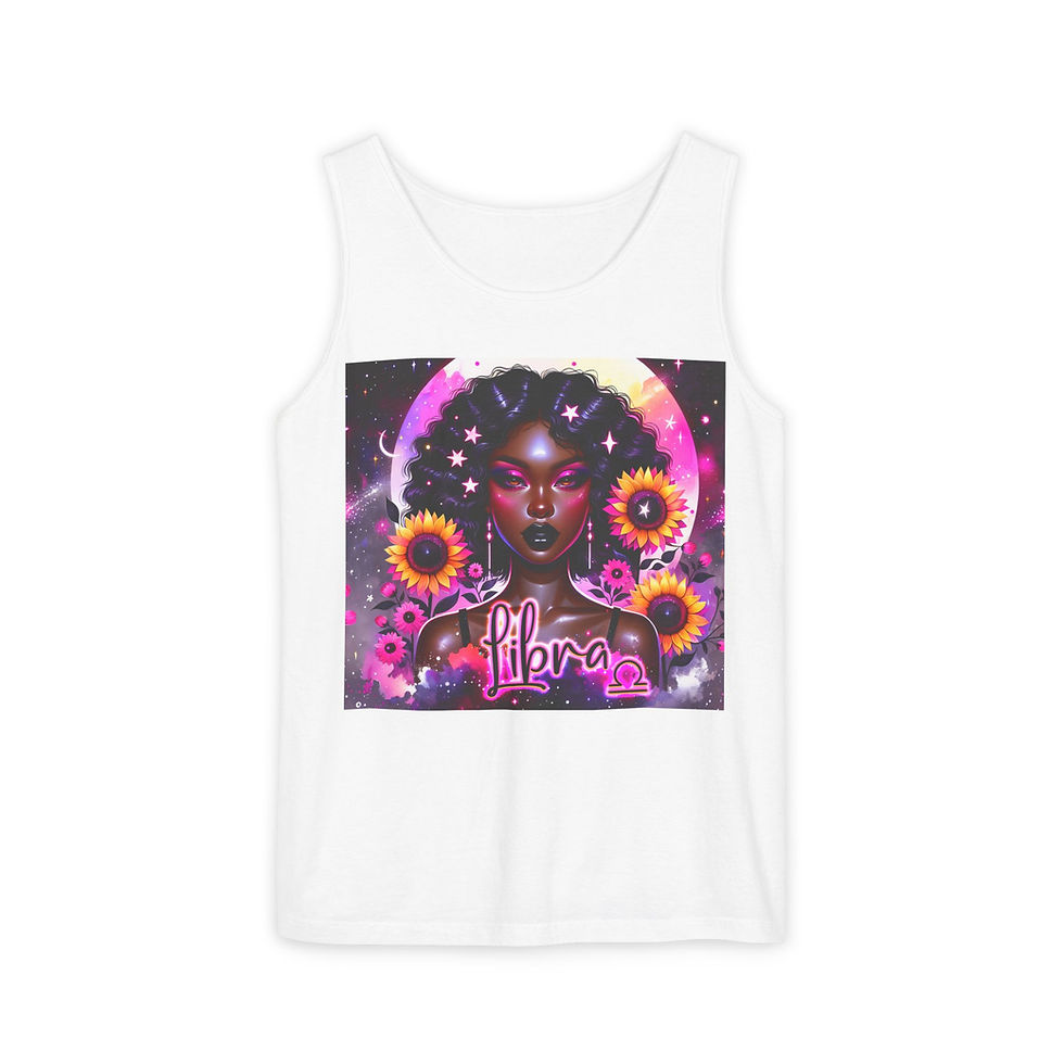 Black woman art tank top, sunflowers, cosmos