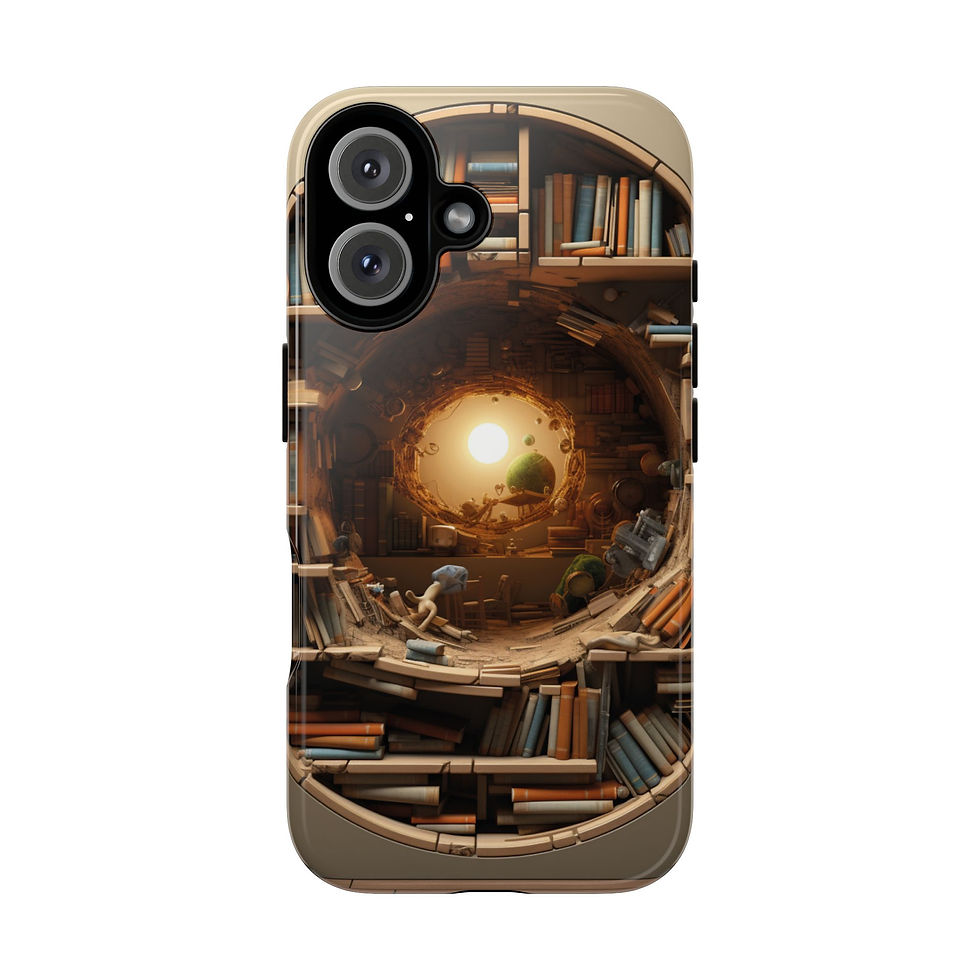 Phone case depicting a circular bookshelf leading to a sunlit scene