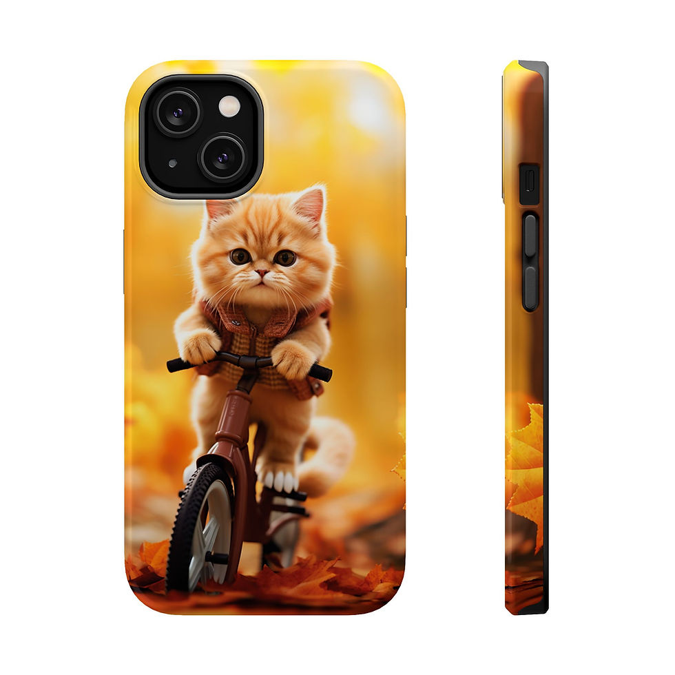 Adorable ginger kitten riding a bike in autumn