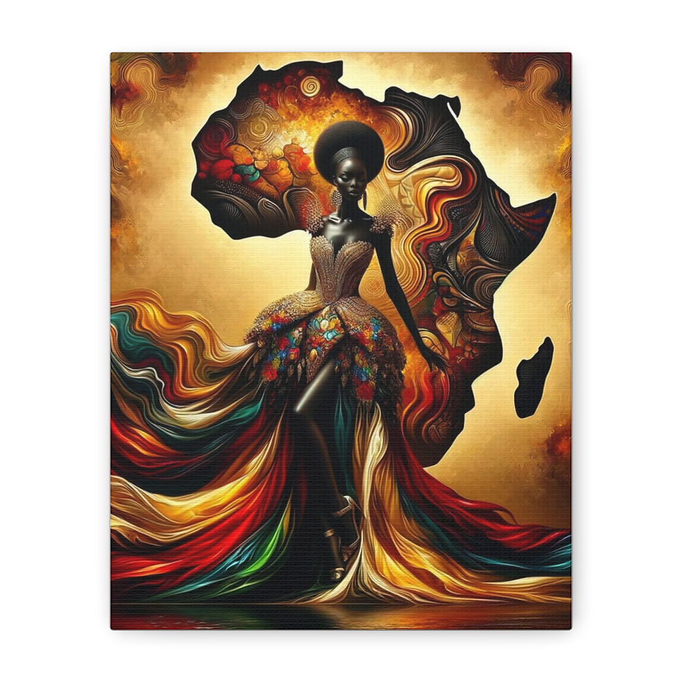 African woman art print, vibrant dress, continent map background