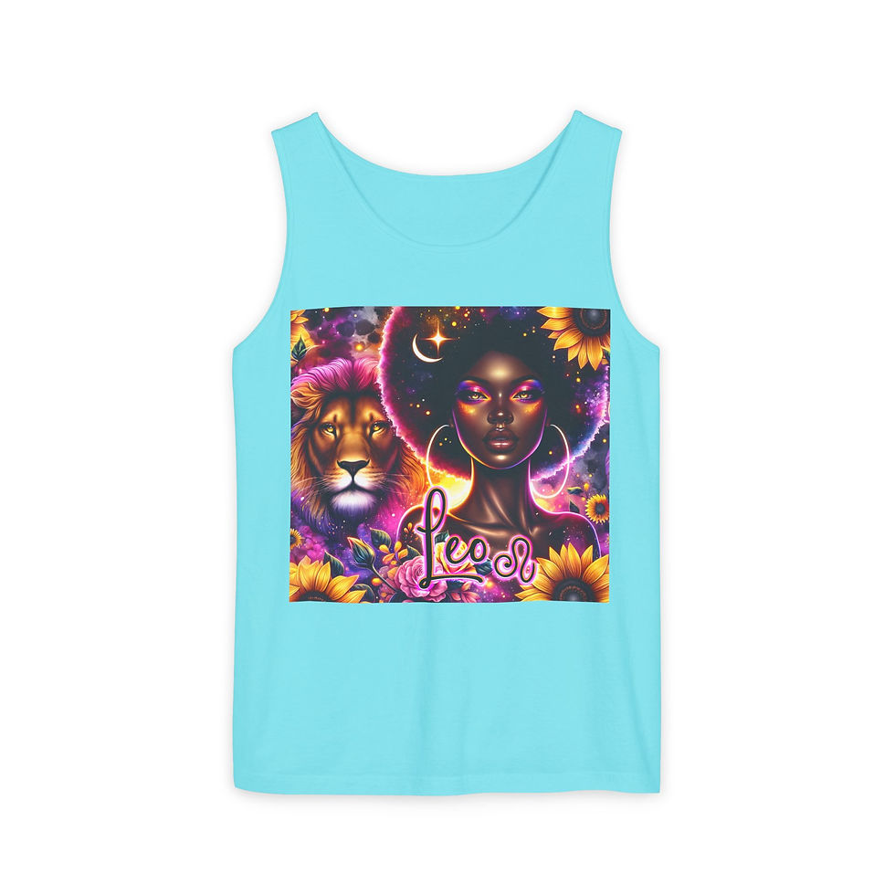 Vibrant tank top featuring a lion and woman