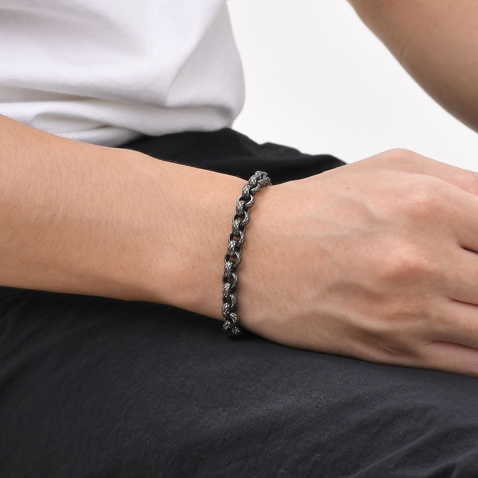 Thumbnail: Stainless Steel Embossed Round Pearl Chain Bracelet Retro Gray Hip Hop Thick Cha