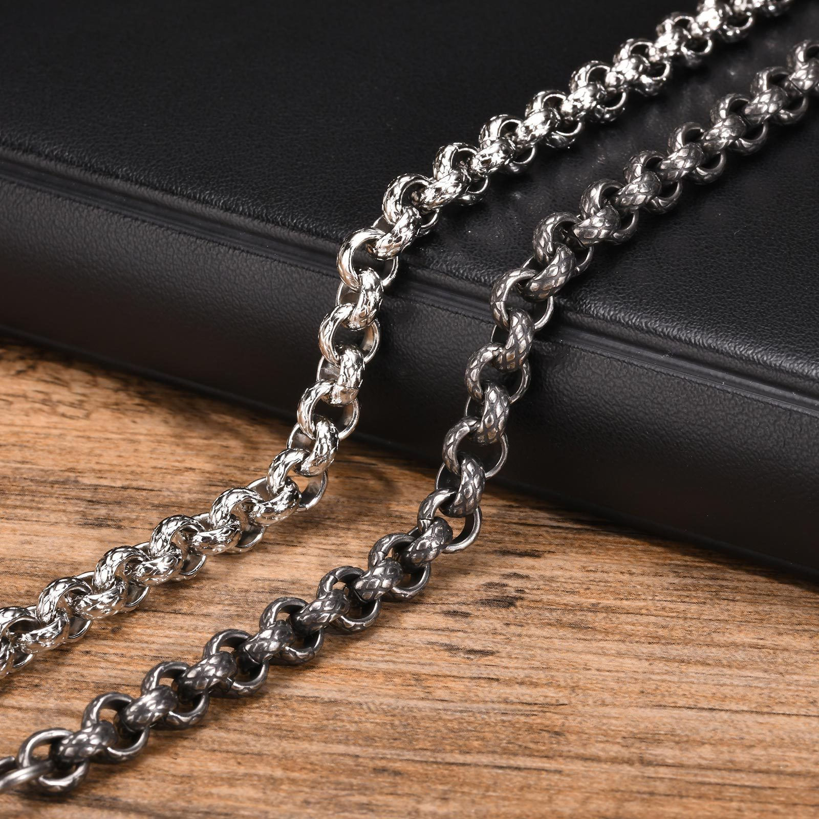 Stainless Steel Embossed Round Pearl Chain Bracelet Retro Gray Hip Hop Thick Cha