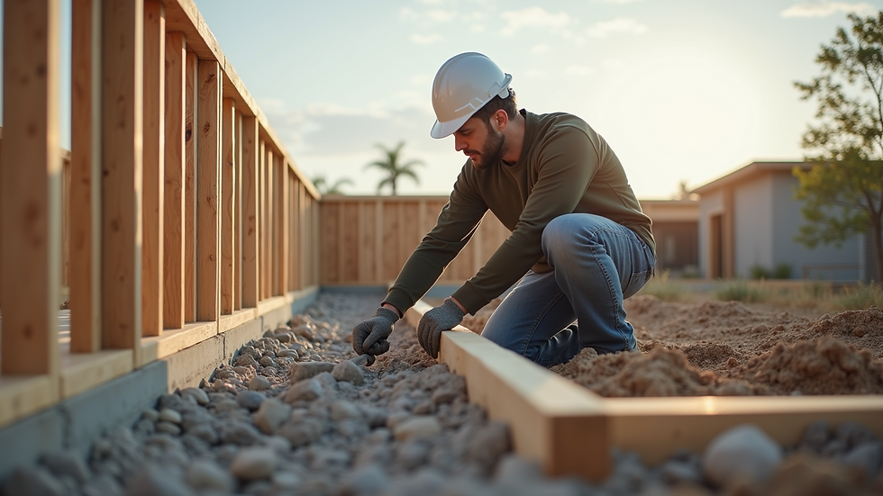 Close-up view of a home foundation being inspected