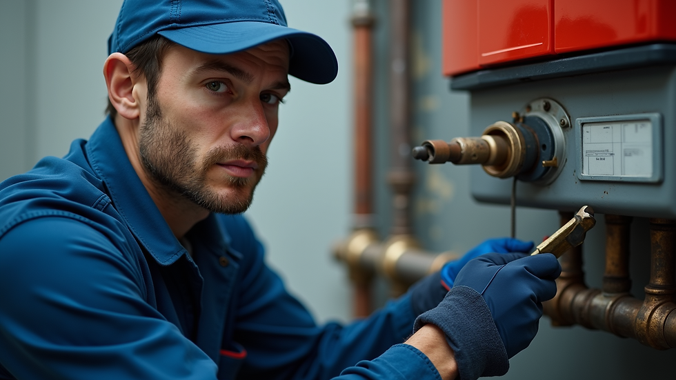 Close-up view of a plumber holding a wrench and inspecting a boiler system