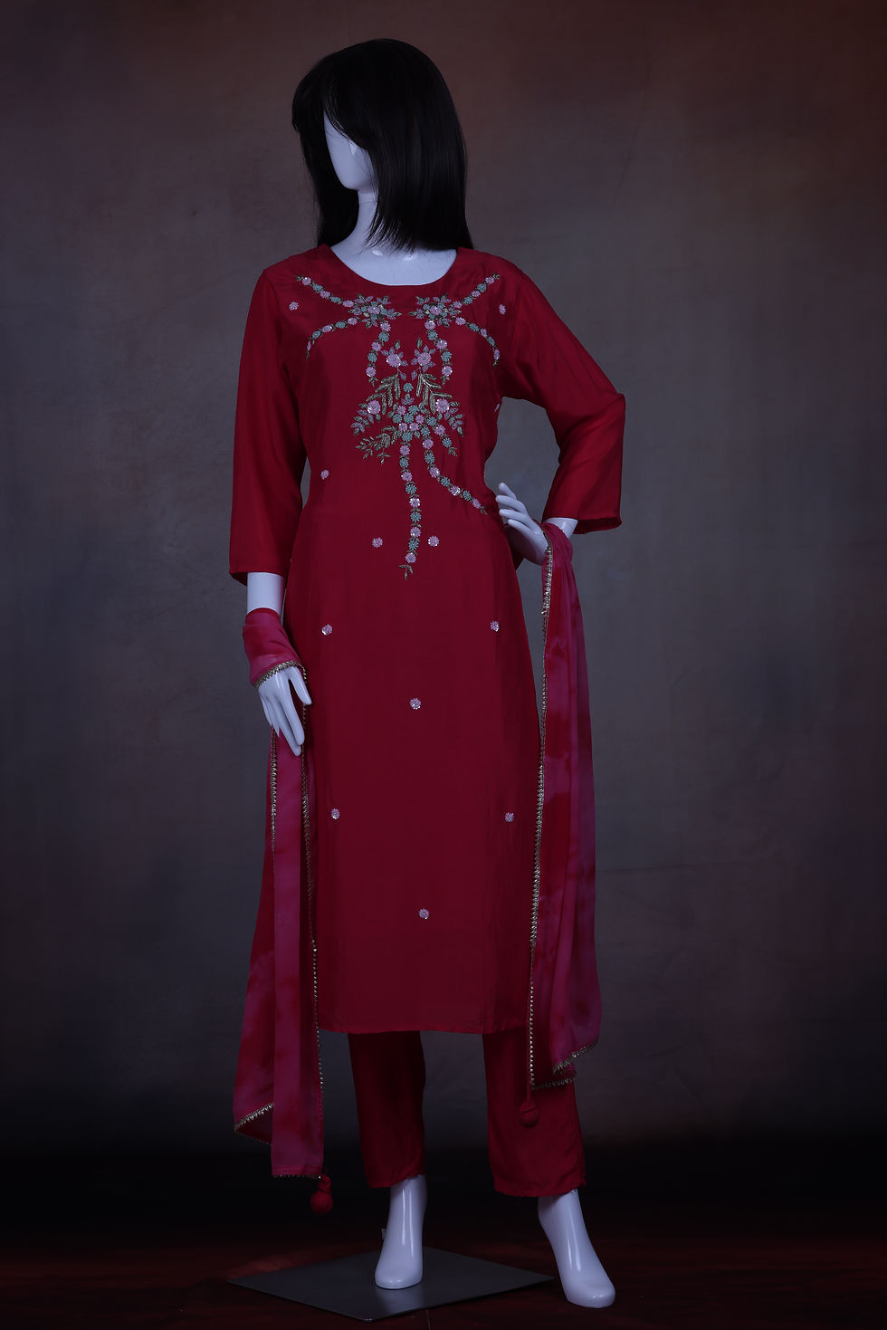 Thumbnail: Tomato red dupion silk kurta pant set with coordinated tie-dye dupatta