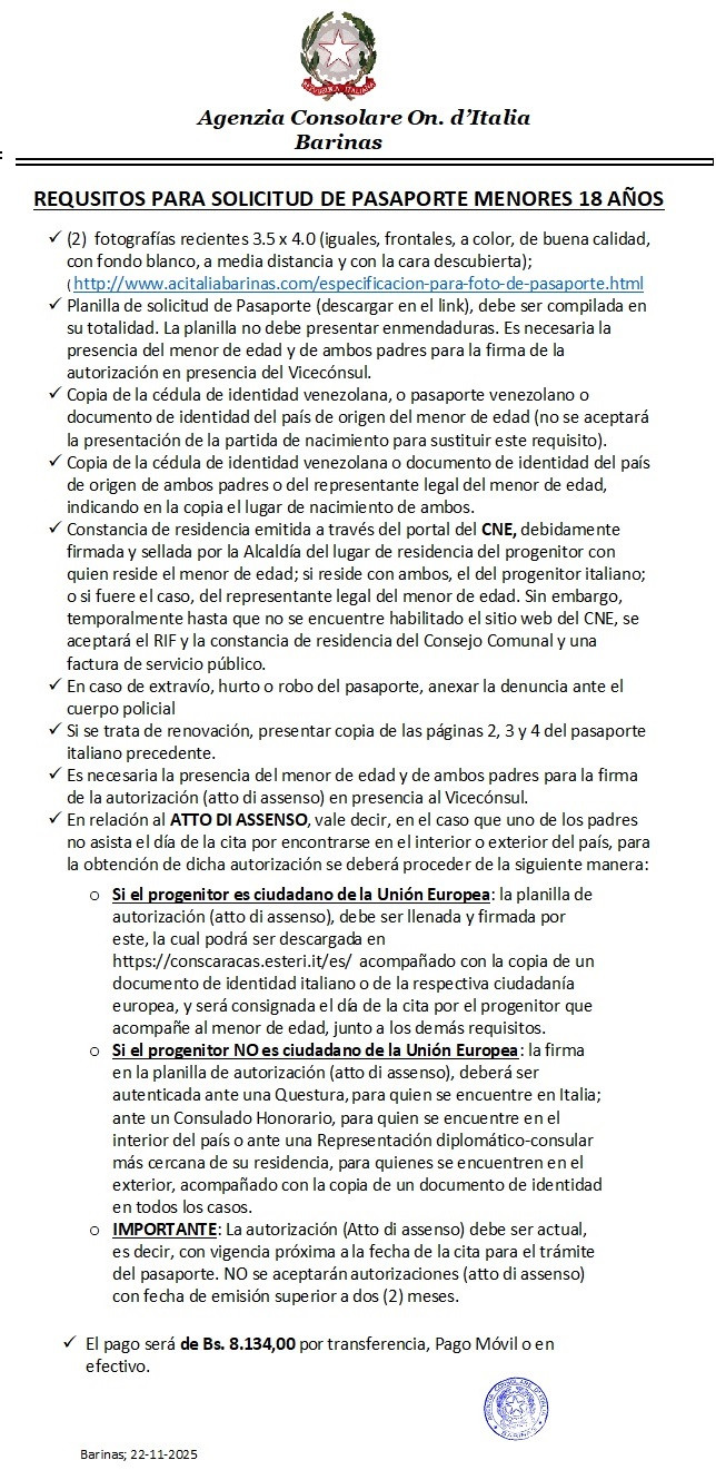 CONSULADO COMUNICACION REQUISITOS PARA PASAPORTES BARINAS MENOR NOV 2025.jpg