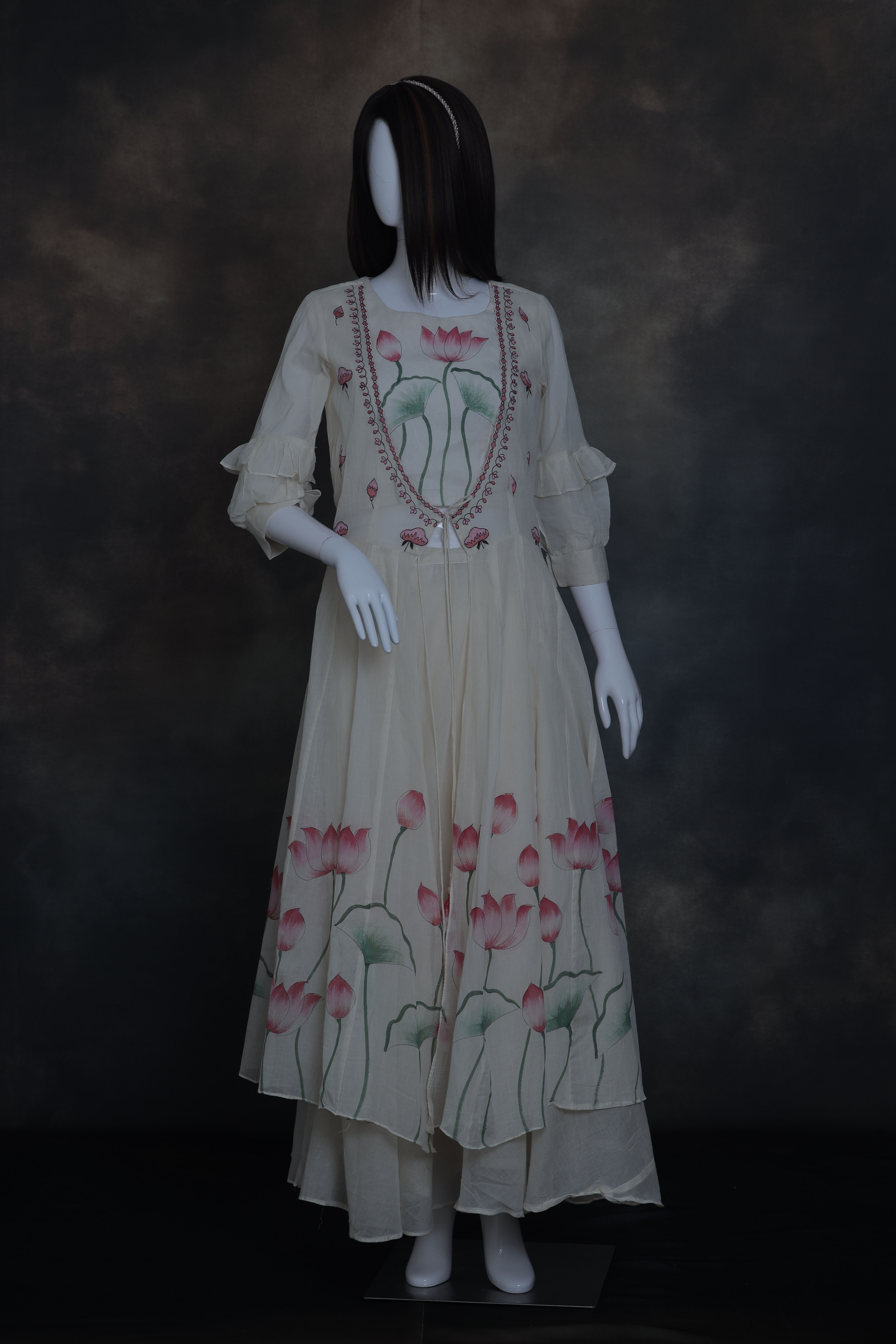 Off white cotton skirt top jacket set front view