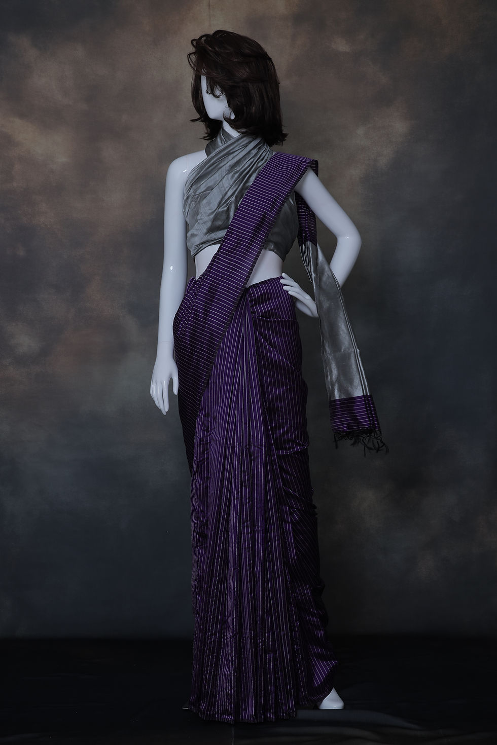 Thumbnail: Deep purple Chanderi saree premium fabric finish close-up