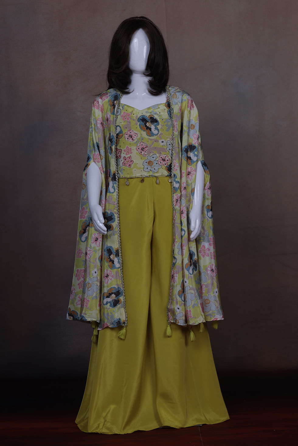 Thumbnail: Girls' Bright Yellow Floral Print Crop Top, Palazzo &  Shrug Ethnic Wear Set
