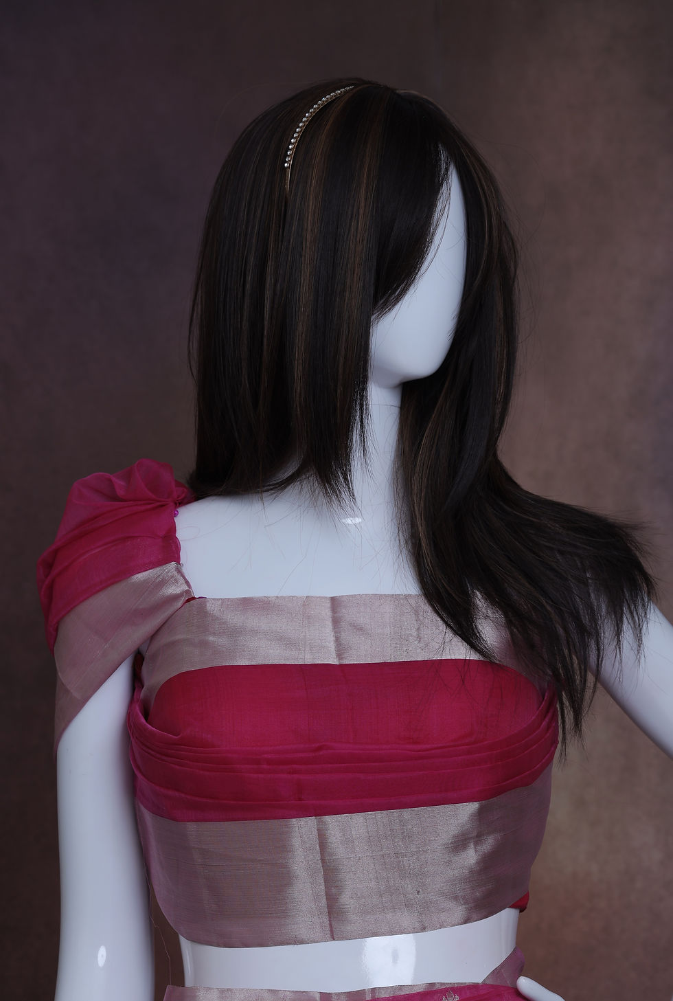 Thumbnail: Full-length display of magenta pink hand weave chanderi cotton silk saree