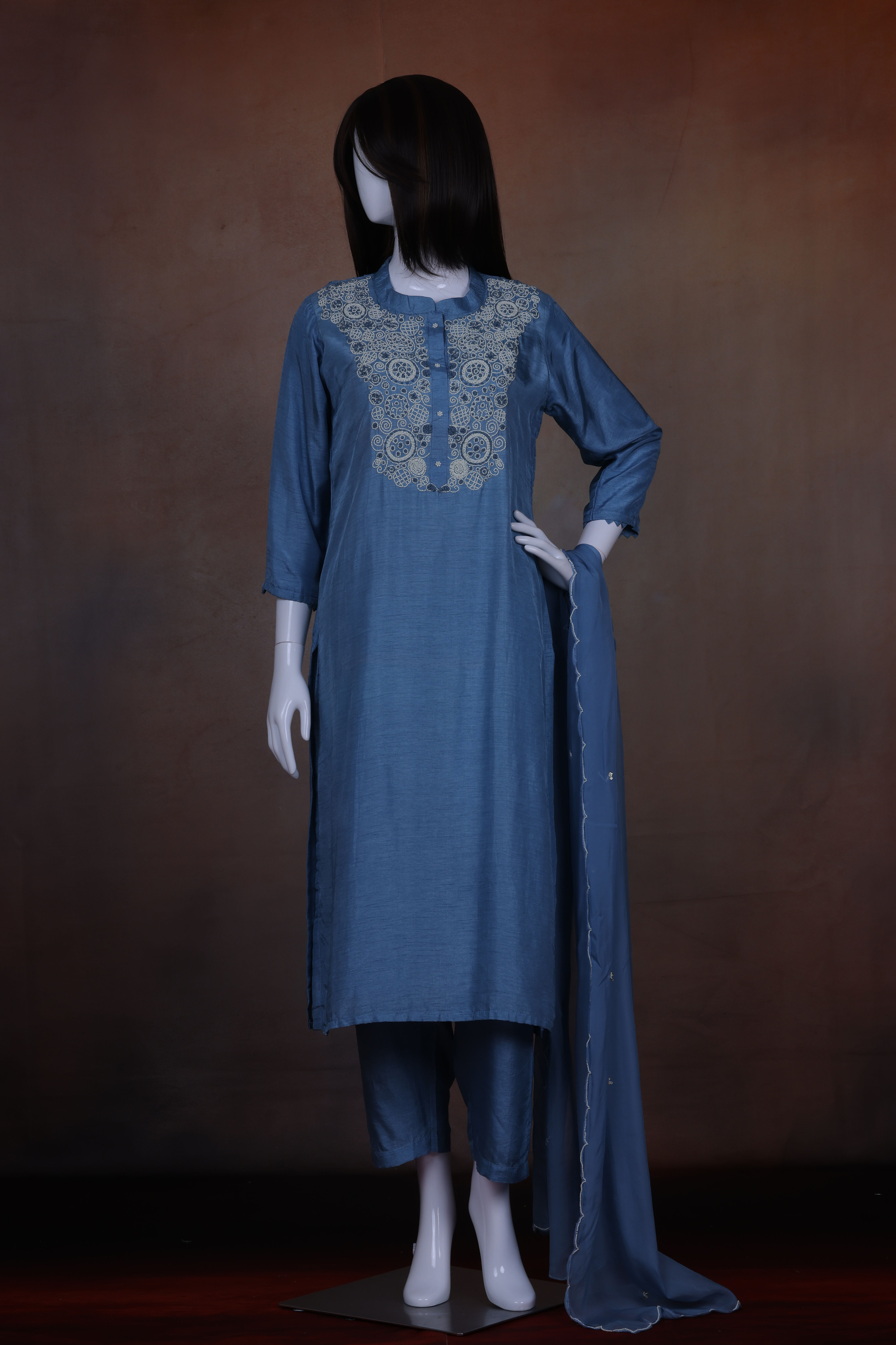 Light slate blue dupion silk straight kurta pant set front view with pearl work dupatta