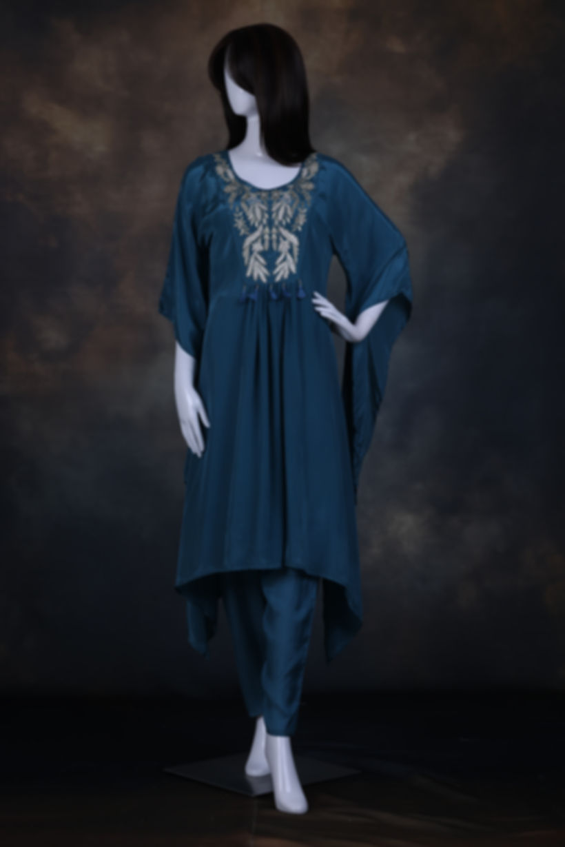 Slate blue crepe silk asymmetric kurta pant set front view
